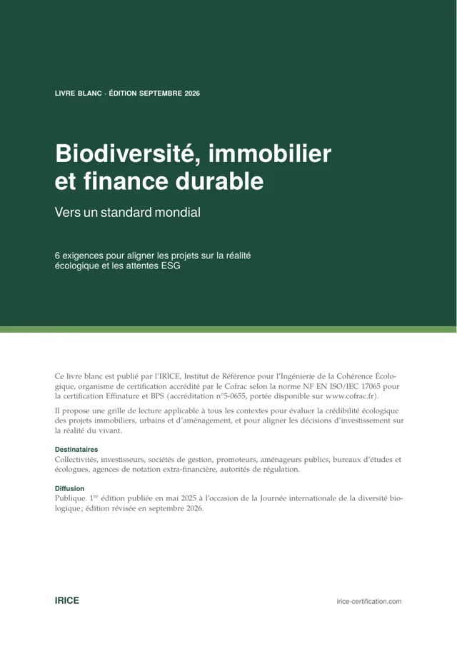 Couverture du livre blanc IRICE Biodiversité, immobilier et finance durable